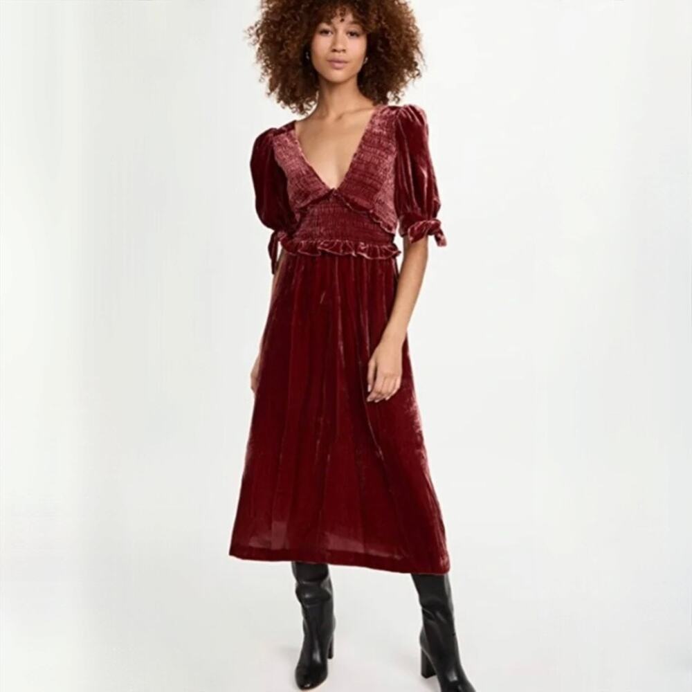 NWT Sea New York Mayde Velvet Puff Sleeve Smocked Midi Dress - Burgundy - Size M - Picture 2 of 8